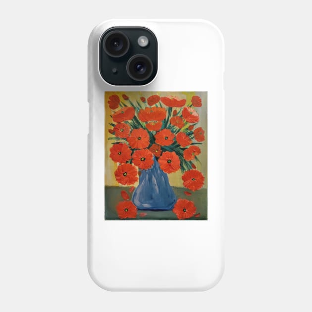 vintage look painting of poppies in A blue vase. Phone Case by kkartwork