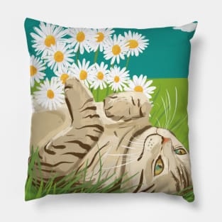 Cute cat with daisies on the prairie Pillow