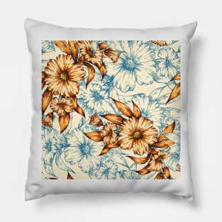 Orange and blue hand drawn floral pattern Pillow