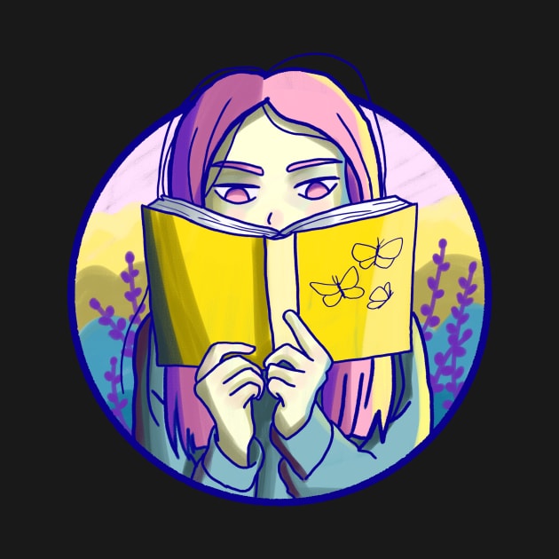 Cute girl with pink hair reading by Mayarart