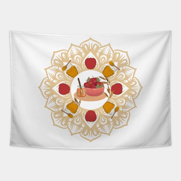 Rosh Hashana, Shana Tova! Pomegranate Mandala, apples and honey for Jewish New Year Tapestry by ariverde