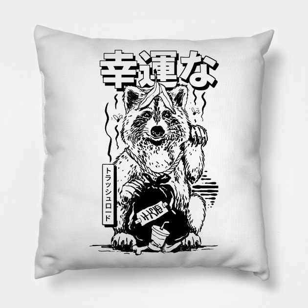 Maneki Neko Lucky Raccoon Trash Lord Funny Kawaii Cute Opossum Pillow by A Comic Wizard