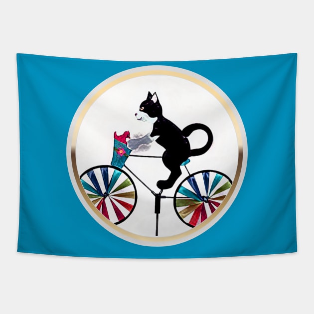 Black Cat on bike (gold frame circle) Tapestry by PersianFMts