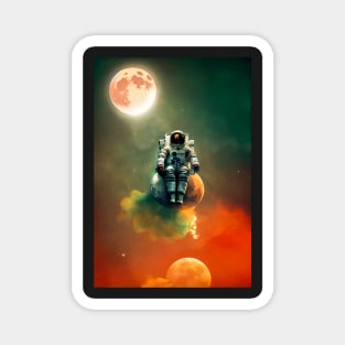 Astronaut sitting on a moon with red clouds in space with moons in the background Magnet