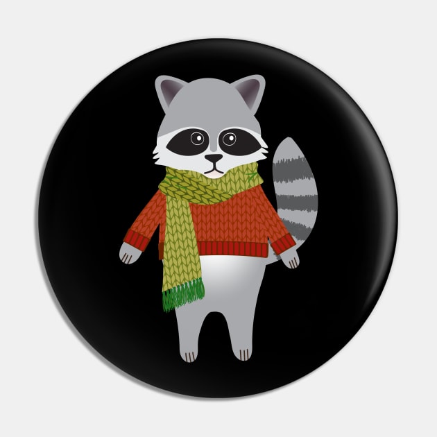 Woodland raccoon in a winter sweater and scarf Pin by Jennifer Ladd