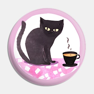 Cute Watercolor Coffee Cup and Black Cat Pin