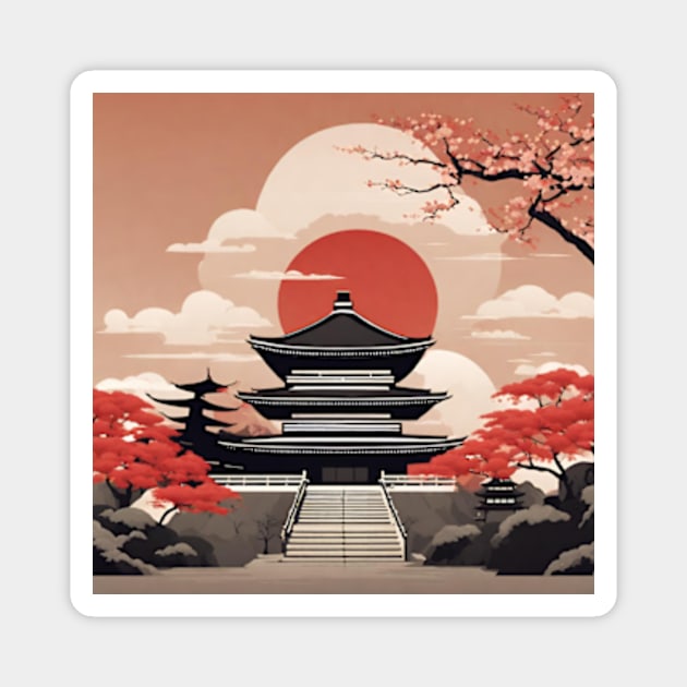 Japanese temple with red sun Magnet by cloudviewv2