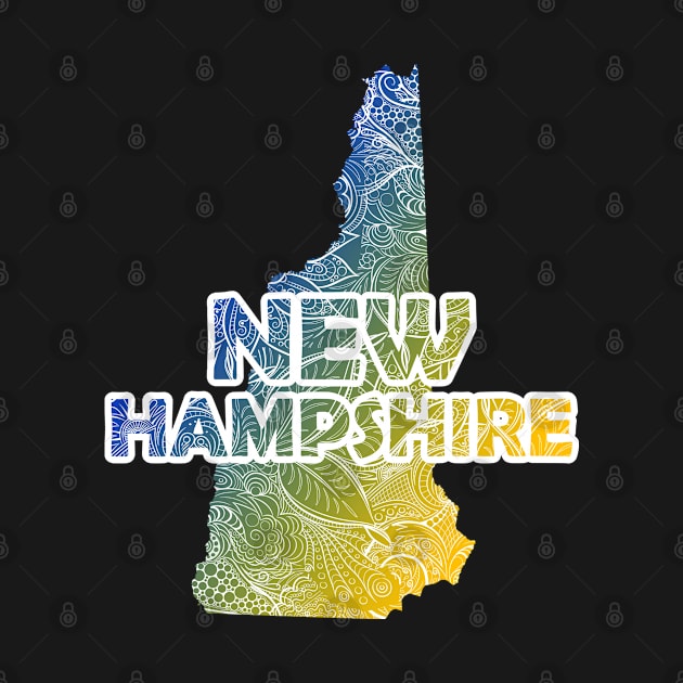 Colorful mandala art map of New Hampshire with text in blue and yellow by Happy Citizen