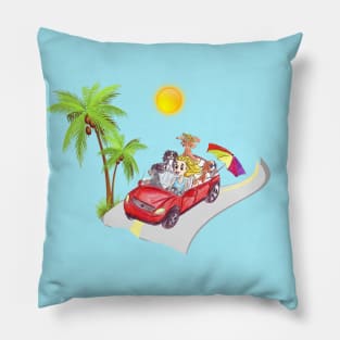 4 Cavalier King Charles Spaniels Driving to the Beach Pillow