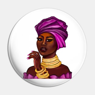 Queen Black is beautiful black girl with Gold bangles, neck ring necklace, purple dress and head wrap, brown eyes and dark brown skin ! Pin