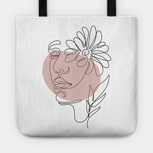 one line art female face  with flowers Tote