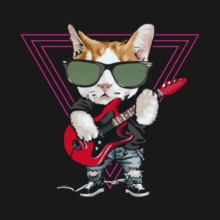 Funny Cat Playing Bass Guitar Electric Guitar Retro Vintage T-Shirt