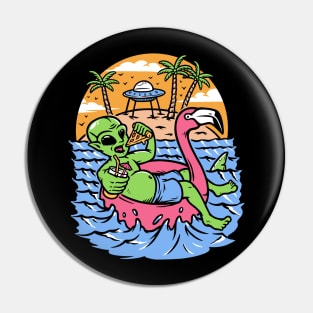 Funny Summertime Alien Eating Pizza on a Pink Flamingo Floatie Pin