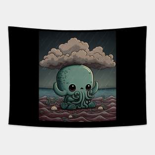 Chibi Cthulhu plays in the ocean Tapestry