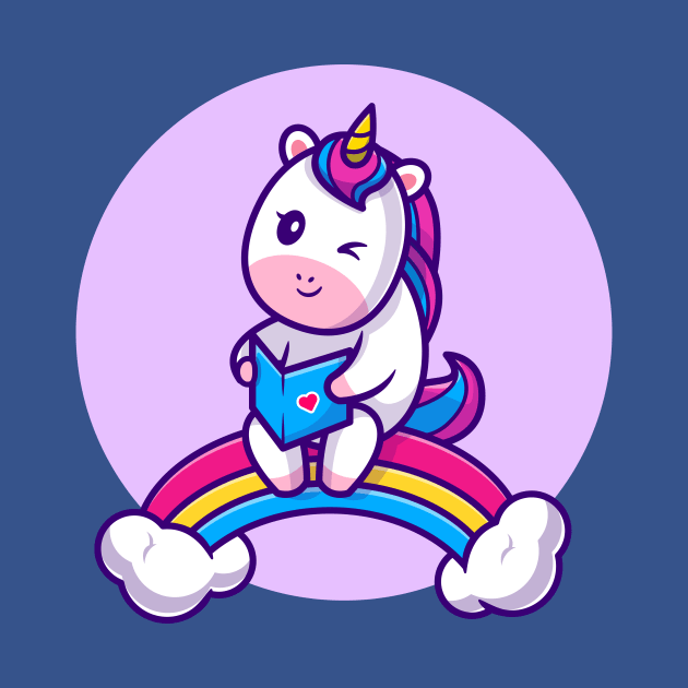 Cute Unicorn Reading Book On Rainbow Cartoon by Catalyst Labs