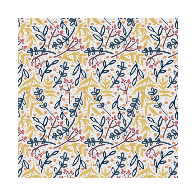 Botanicals and Dots - Hand drawn Design - Pink, Yellow, Navy Blue by GenAumonier