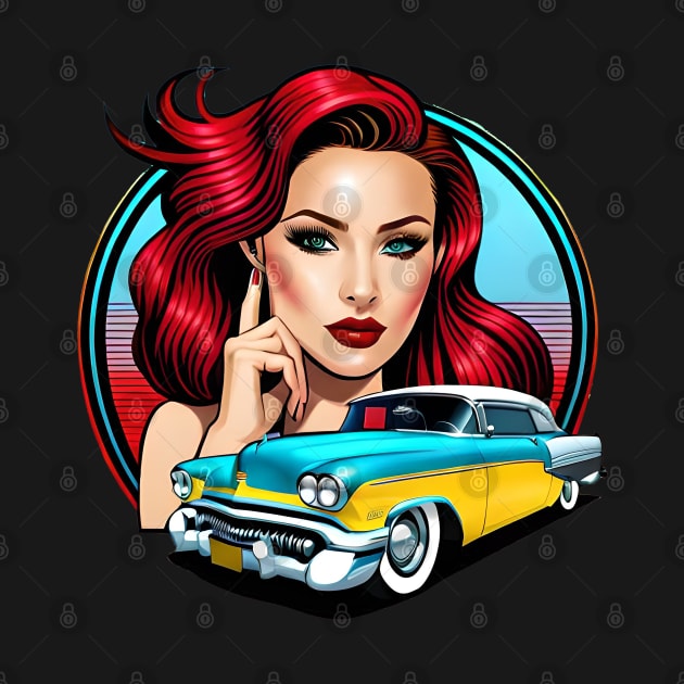 80s motor race party design with fashion girl and retro car on red rays by CHRONIN