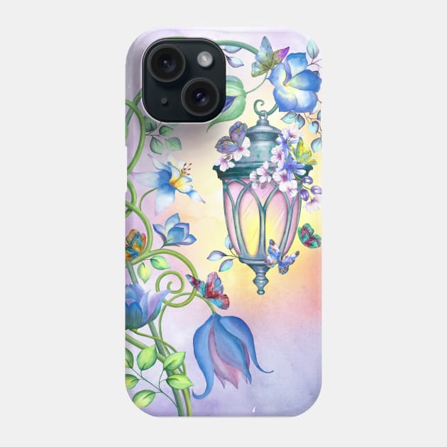 Magic streetlight with flowers and butterflies decoration. Fairy spring garden watercolor illustration. Colorful romantic scenery Phone Case by likapix