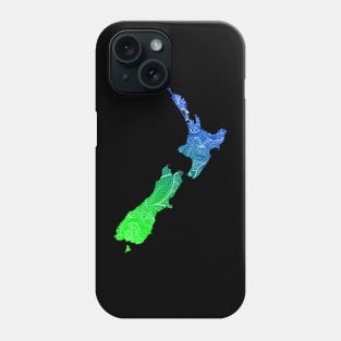 Colorful mandala art map of New Zealand with text in blue and green Phone Case