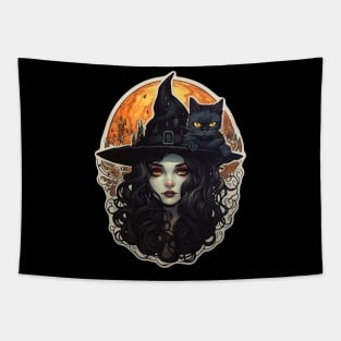 Witch with black cat Halloween Tapestry