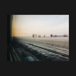 Frosted Moody Winter Landscape Shot Through Train Window T-Shirt