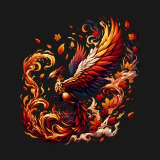 Phoenix Rising from Autumn Leaves Illustration Artwork T-Shirt