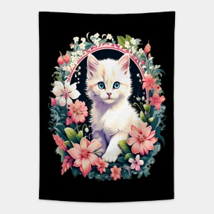 Beautiful white ktiten surrounded by spring flowers Tapestry