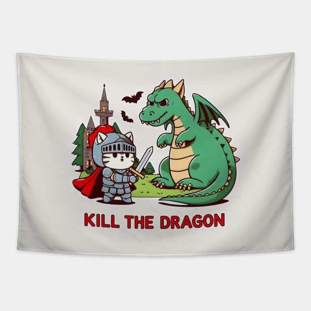 kill the dragon - cat knight fight with the dragon Tapestry by Yaydsign