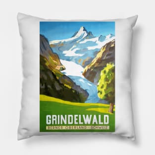 Grindelwald, Switzerland - Vintage Travel Poster Design Pillow