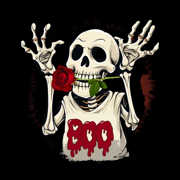 Funny Halloween Skeleton With a Red Rose In Its Mouth by Positive Designer