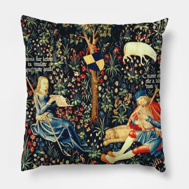 Medieval Renaissance Tapestry Shepherd, Shepherdess and Sheep in Flowery Meadow Pillow by Pixelchicken