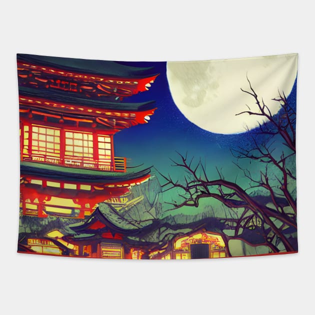 Time Traveller In the Woods with Japanese Moonlight Scenery Tapestry by DaysuCollege