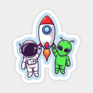 Cute Astronaut And Alien Flying With Rocket In Space Cartoon Magnet