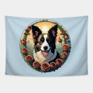 Happy Border Collie Rose Wreath Tapestry