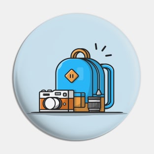 Backpack, Camera With Lens Cartoon Vector Icon Illustration Pin