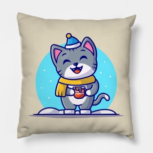 Cute Cat Holding Coffee In Snow Cartoon Vector Icon Illustration Pillow