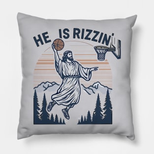 Retro He Is Rizzin' Funny Jesus Playing Basketball Pillow