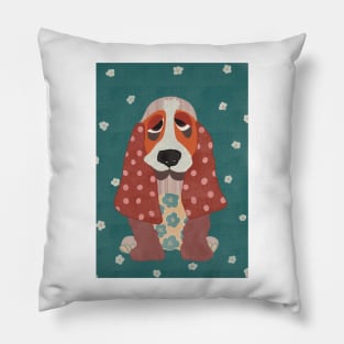 Hamish the Appliqué Patchwork Basset Hound Puppy with daisies and polka dots Pillow