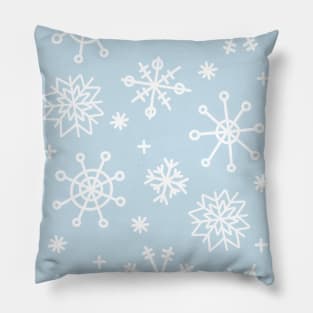 White Doodle Snowflake Pattern on a Light Blue Background, made by EndlessEmporium Pillow