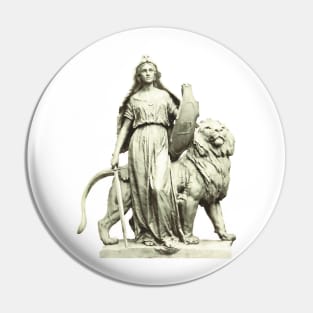 The Law in its feminine form and with the necessary strength and weapons like a lion that commands respect. Vintage photo Pin