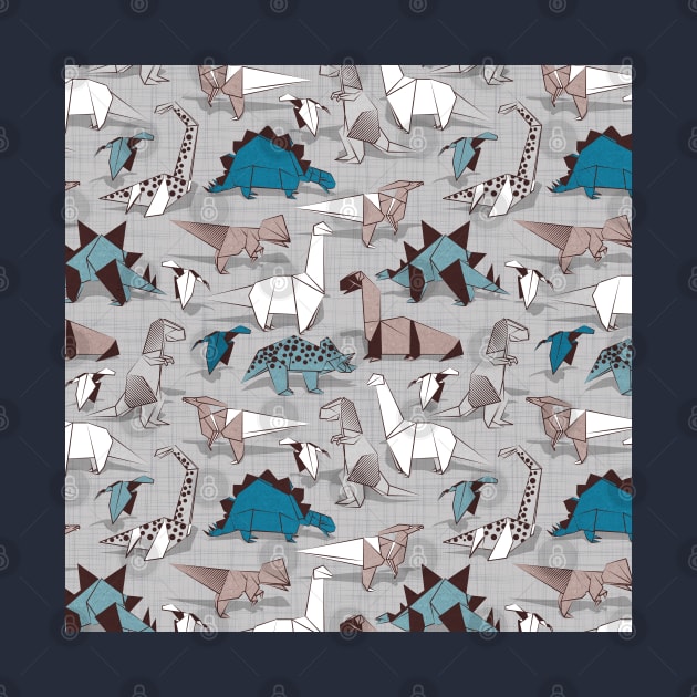 Origami dino friends // pattern // grey linen texture background blue white and beige dinosaurs by SelmaCardoso