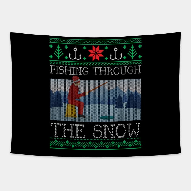 Christmas Ice Fishing Through Snow Fishing Ugly Christmas Sweater Tapestry by mrsmitful01