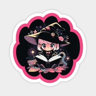 Baby Witch Sagittarius Zodiac Sign Reading Spell Book Chibi Style Magnet