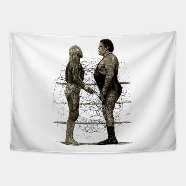 Andre the Giant vs Hulk Hogan Pencilart Tapestry by ANDREANUS