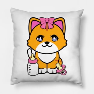 cute baby orange cat wears a pink ribbon Pillow