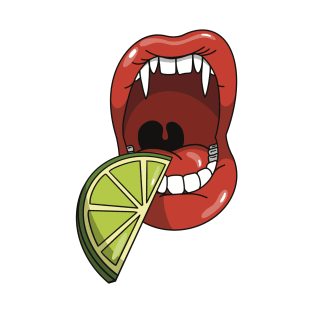 Mouth with vampire teeth about to take a bite into slice of lime T-Shirt