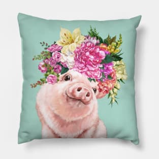 Lovely Baby Pig with Flower Crowns in Green Pillow