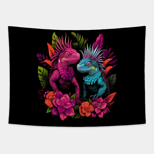 Iguana Couple Valentine Tapestry by JH Mart