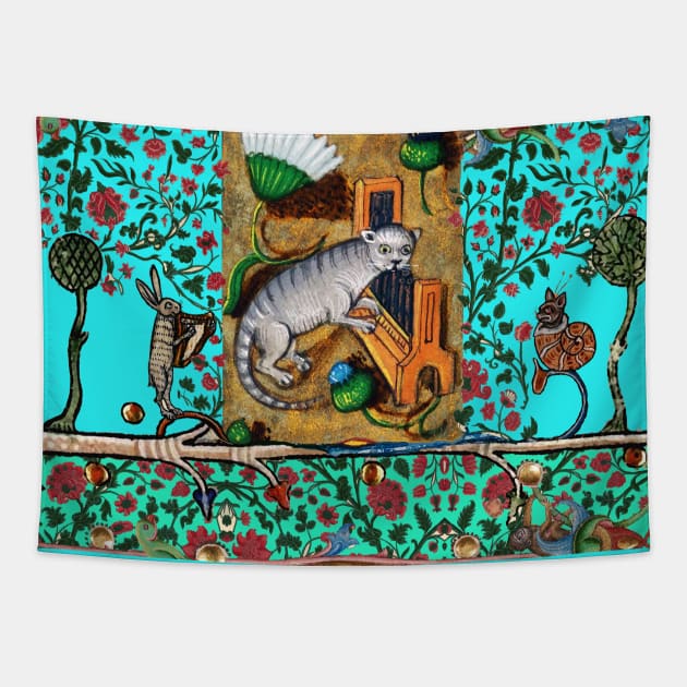 WEIRD MEDIEVAL BESTIARY MAKING MUSIC, Cat Playing Organ,Harpist Rabbit,Snail Cat in Teal Blue Tapestry by BulganLumini