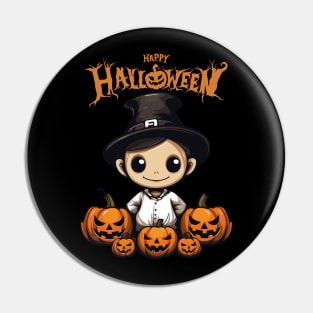 Cute Boy in Witch Hat and Spooky Pumpkin, Happy Halloween Pin